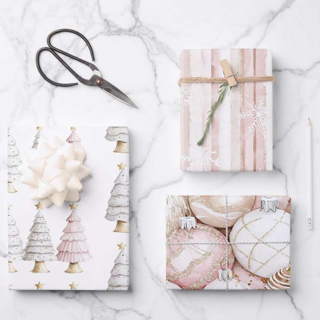Chic White Mint Pink Weihnachtsbaumen Geschenkpapier Set (Vorderseite)