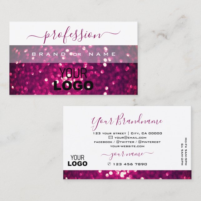 Chic White Pink Lila Sparkling Glitzer mit Logo Visitenkarte (Vorne/Hinten)