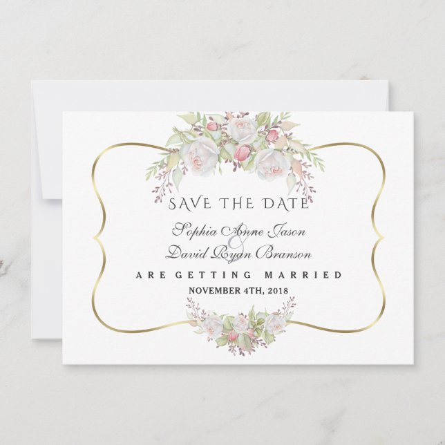 Chic White Pink Roses Navy Blue Gold Hochzeit Save The Date (Vorderseite)