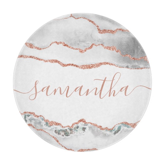 Chic White Rose Gold Glitzer Agate Individuelle Na Schneidebrett (Vorderseite)