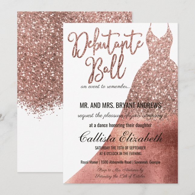 Chic White Rose Gold Glitzer Dress Debutante Dance Einladung (Vorne/Hinten)