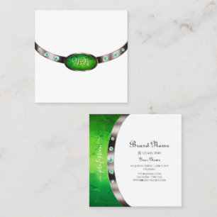 Chic White Rose Gold Green Marble Jewels Monogram Quadratische Visitenkarte