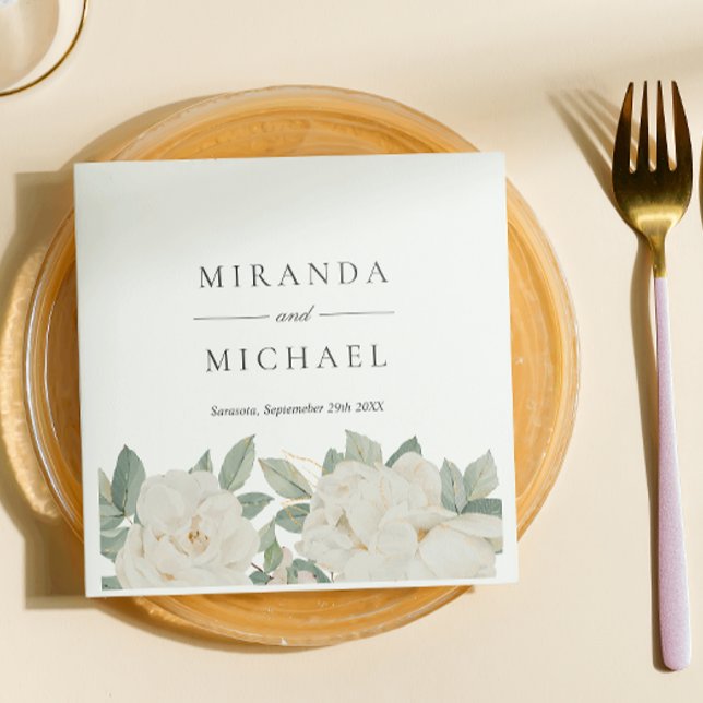 CHIC WHITE ROSES BLUME Botanisches Monogramm Serviette (Von Creator hochgeladen)