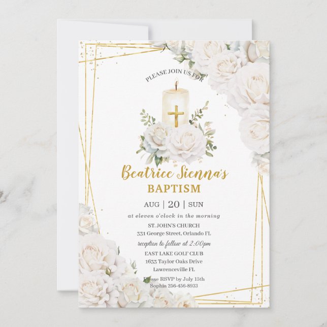 Chic White Roses Blumentaufe Christening Candle Einladung (Vorderseite)