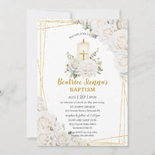Chic White Roses Blumentaufe Christening Candle Einladung