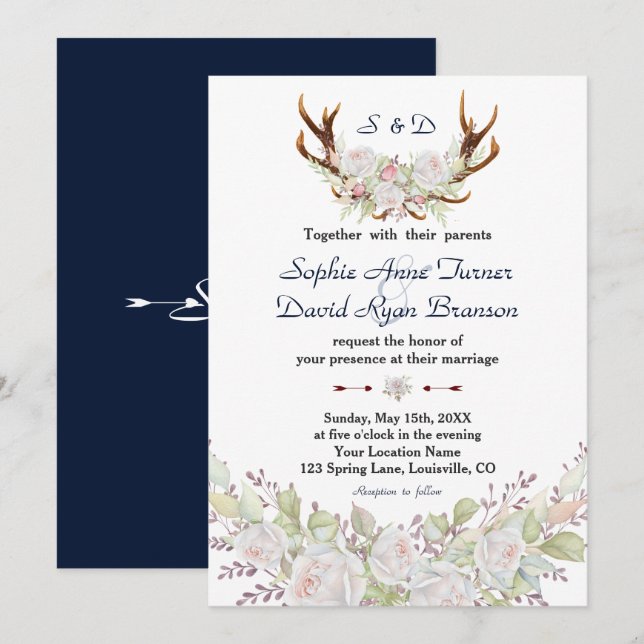 Chic White Roses Burgundy Antlers Navy Hochzeit Einladung (Vorne/Hinten)