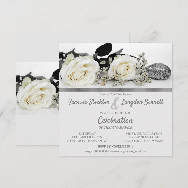 Chic White Roses Einladung zur Hochzeit (Vorne/Hinten)