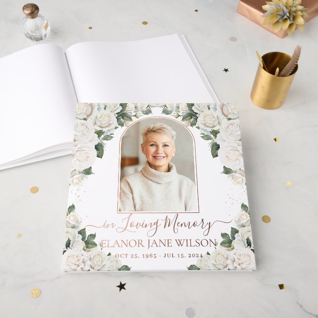 Chic White Roses Memorial Beerdigung Rose Gold Fot Gästebuch (Vorderseite Offen)