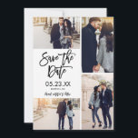 Chic White Save the Date 4-Foto Collage Card<br><div class="desc">Diese moderne Save the Date Fotokarte verfügt über eine 4-Foto-Collage und eine moderne Schrift mit Pinsel. Kontaktieren Sie unseren Designerladen für weitere Farboptionen/Variationen.</div>