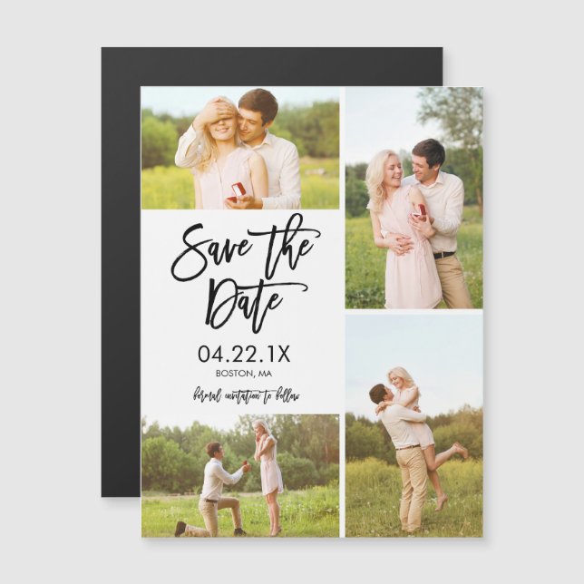 Chic White Save the Date 4-Foto Collage Magnet (Vorne/Hinten)