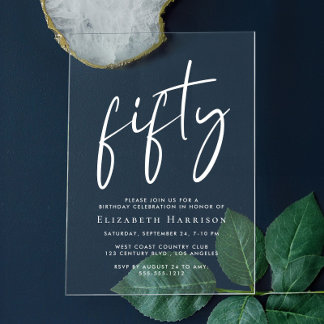 Chic White Script 50. Geburtstagsparty Acryleinladungen