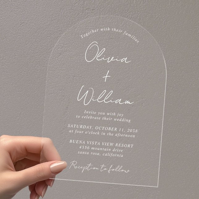 Chic White Script Arch Wedding Acryleinladungen (Make your wedding day unforgettable with stunning arch acrylic invitations—modern, elegant, unique!)
