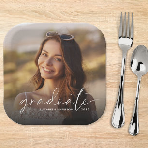 Chic White Script Foto Overlay Graduation Party Pappteller