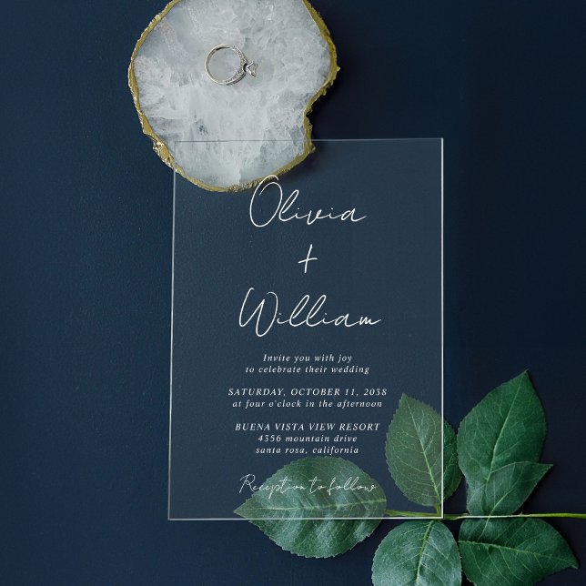 Chic White Script Minimalistisch Wedding Acryleinladungen (Make your wedding unforgettable with stunning acrylic invitations—modern, elegant, unique!)