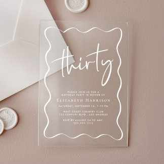 Chic White Script Wavy Frame 30. Geburtstag Party Acryleinladungen