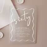 Chic White Script Wavy Frame 60. Geburtstagsparty Acryleinladungen<br><div class="desc">Klare Acryleinladung für Ihre 60. Geburtstagsfeier mit weißem,  gewelltem Rahmen,  "sechzig" in einem großen,  schicken,  weißen Drehbuch,  Ihrem Namen in eleganter,  weißer Serifentypografie und den Party-Details in einfacher,  moderner Schrift.</div>