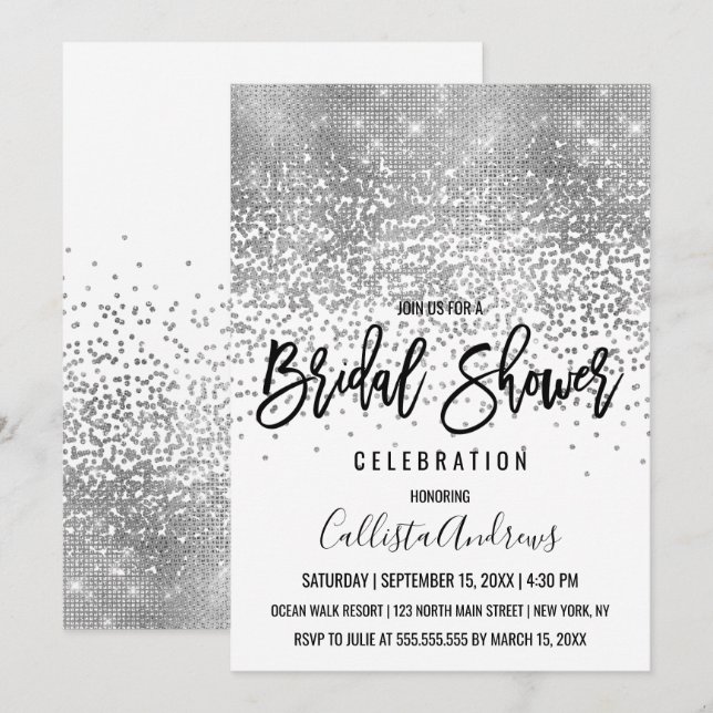 Chic White Silver Glitzer Confetti Brautparty Einladung (Vorne/Hinten)