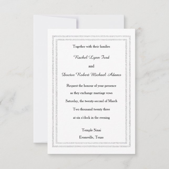 Chic White Silver Glitzer Trim-3x5Wedding Einladun Einladung (Vorderseite)