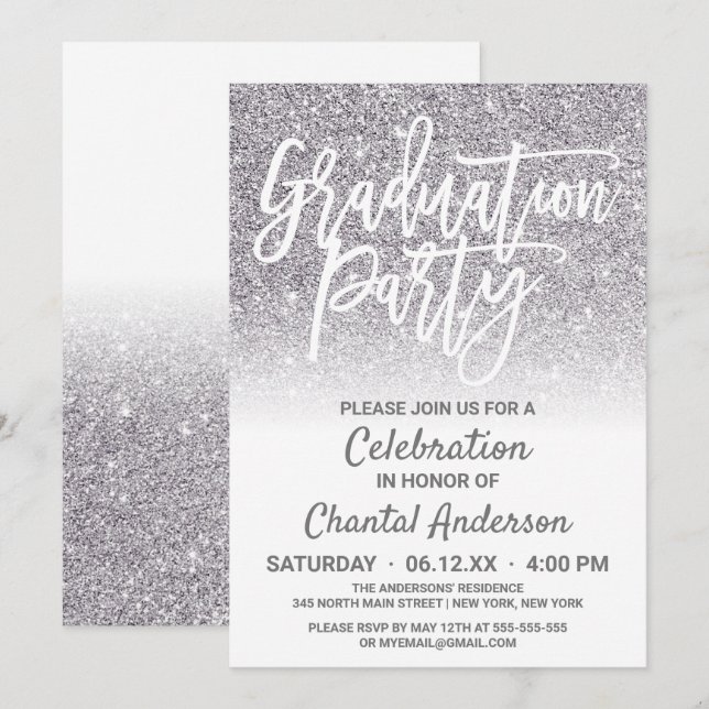 Chic White Silver Imitats Glitzer Ombre Abschluss Einladung (Vorne/Hinten)