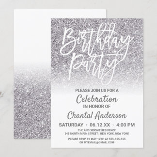 Chic White Silver Imitats Glitzer Ombre Geburtstag Einladung