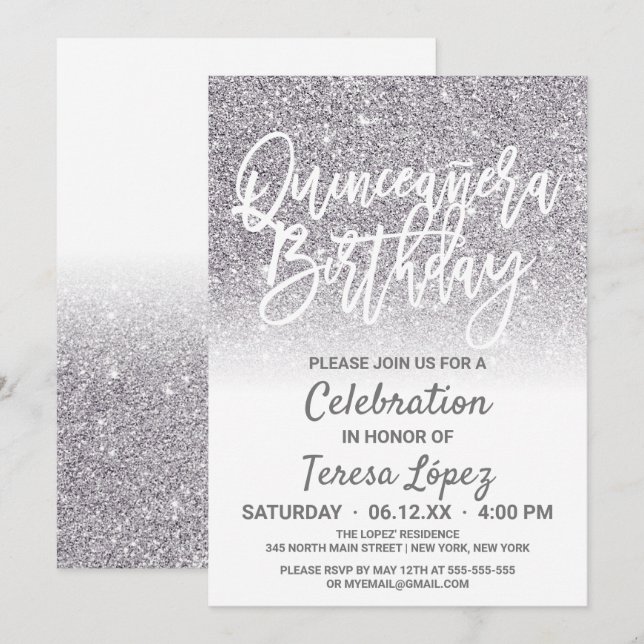 Chic White Silver Imitats Glitzer Ombre Quinceñera Einladung (Vorne/Hinten)