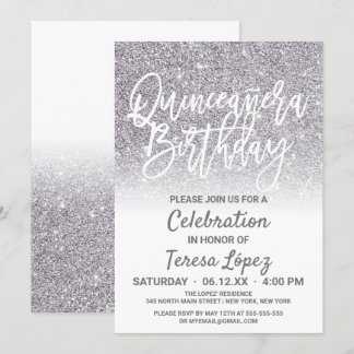 Chic White Silver Imitats Glitzer Ombre Quinceñera Einladung