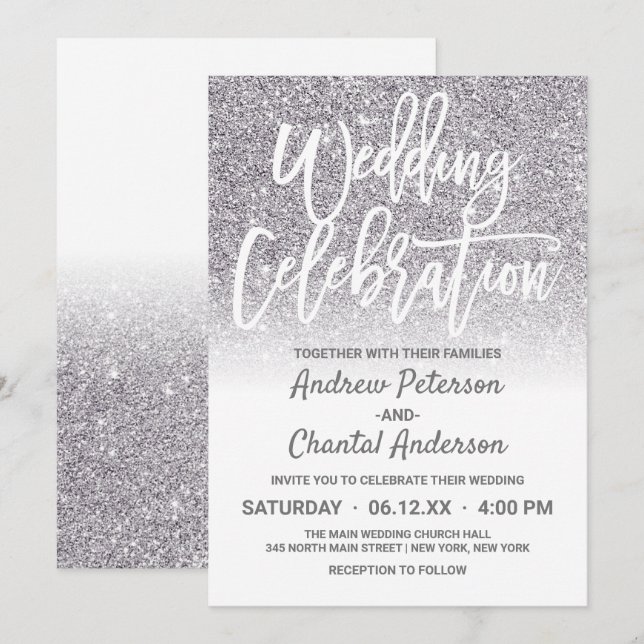 Chic White Silver Imitats Glitzer Ombre Wedding Einladung (Vorne/Hinten)