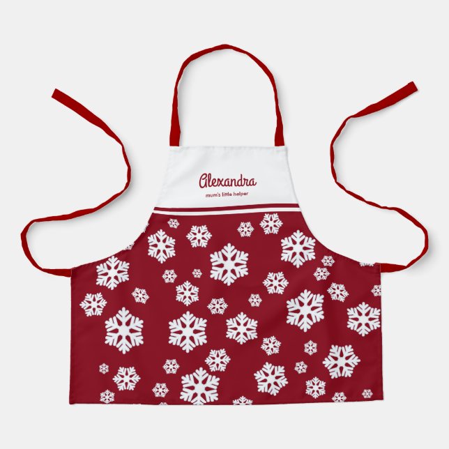 Chic White Snowflakes Nordic Pattern auf Dunkelrot Schürze (Vorderseite)