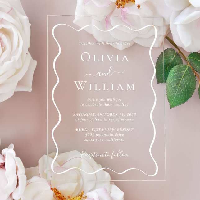 Chic White Wavy Frame Wedding Acryleinladungen (Make your wedding unforgettable with stunning acrylic invitations—modern, elegant, unique!)