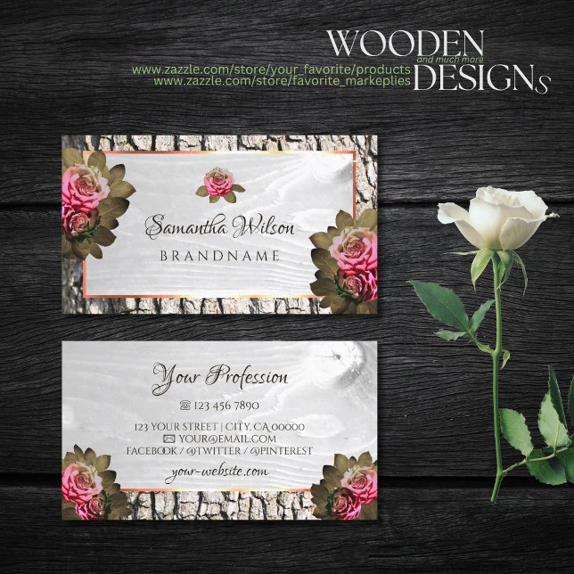 Chic White Wood Grain Pink Roses Naturbaum Bark Visitenkarte (Von Creator hochgeladen)