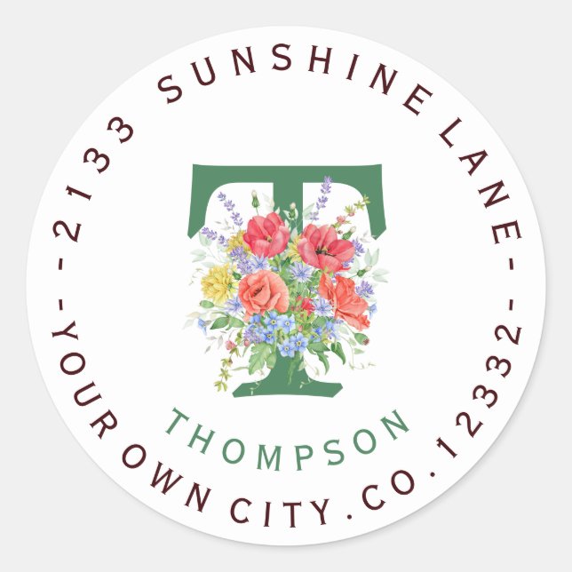 Chic Wild Blume Monogram Circle Address Label Runder Aufkleber (Vorderseite)
