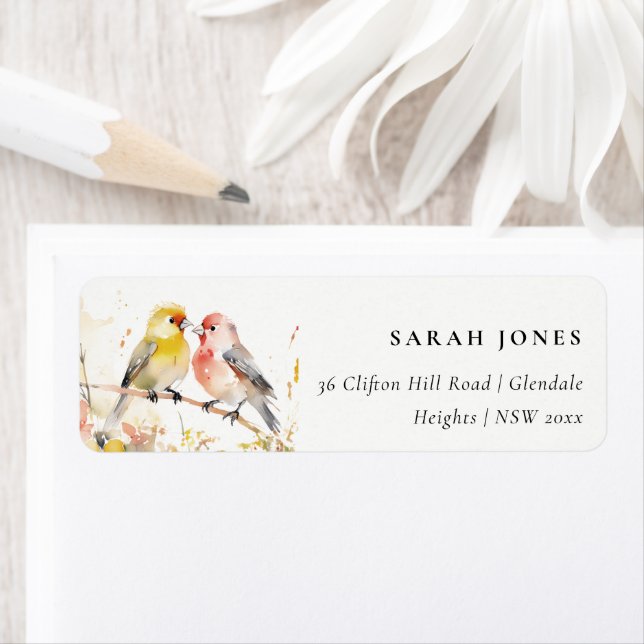 Chic Wild Botanical Watercolor Love Birds Adresse (Insitu)