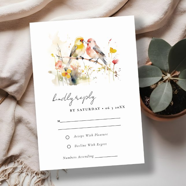 Chic Wild Botanical Watercolor Love Birds Wedding RSVP Karte (Von Creator hochgeladen)