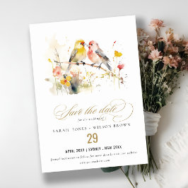 Chic Wild Botanical Watercolor Love Birds Wedding Save The Date