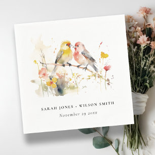 Chic Wild Botanical Watercolor Love Birds Wedding Serviette