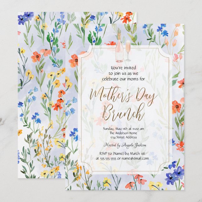 Chic Wildblume Blue Wine Mother Day Brunch Einladung (Vorne/Hinten)