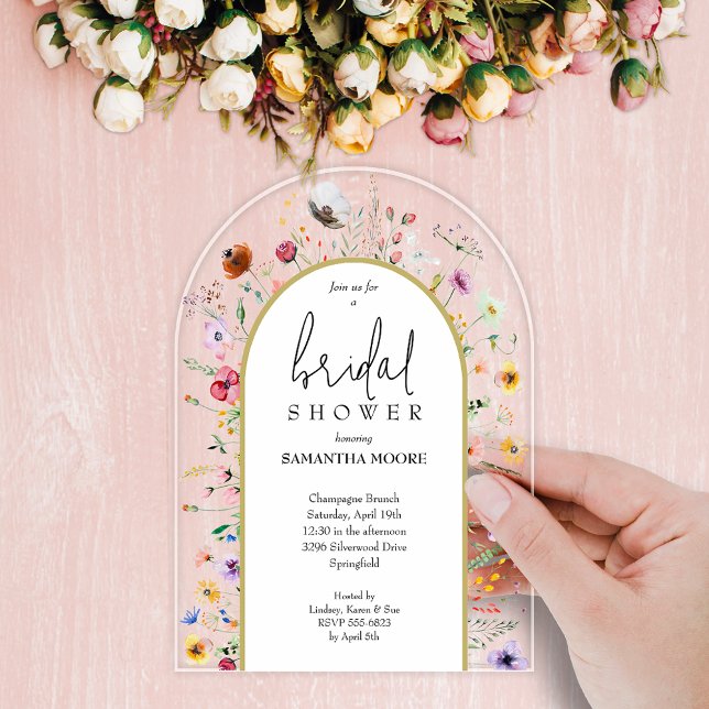 Chic Wildblume Brautparty Arch Top Acryleinladungen (Wildflower Bridal Shower Arch-Top Acrylic Invitations - order clear or frosted)