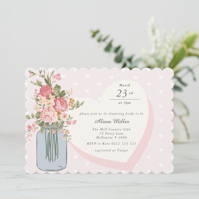 Chic Wildblume Mason Jar Blush Brautparty Einladung (Stehend Vorderseite)