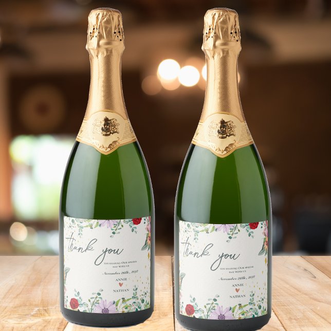Chic Wildblumen Floral Wedding Vielen Dank (Chic Wildflowers Floral Wedding Thank You Favor Sparkling Wine Label)