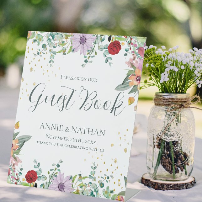 Chic Wildblumen Gästebuch Hochzeitstag Sockelschild (Chic Wildflowers Guest Book Wedding Day Floral Pedestal Sign)