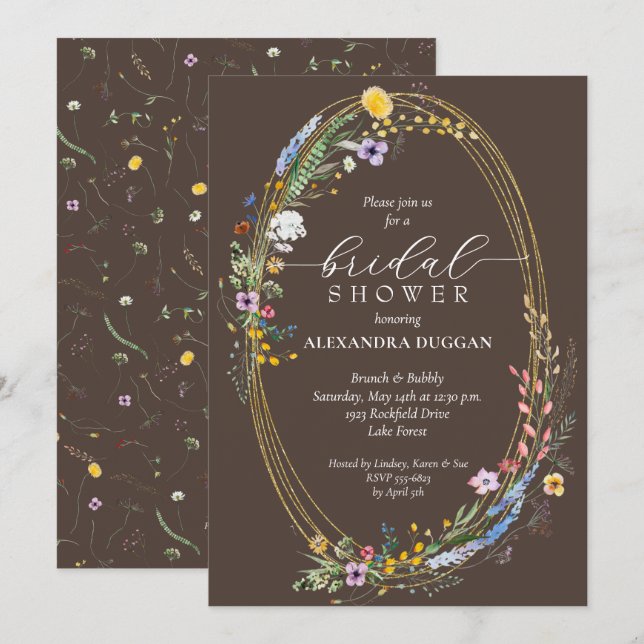 Chic Wildflowers on Brown Bridal Shower Einladung (Vorne/Hinten)