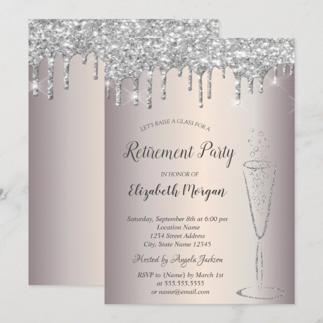 Chic Wine Glass Silver Glitzer sinkt Pensionierung Einladung (Vorne/Hinten)
