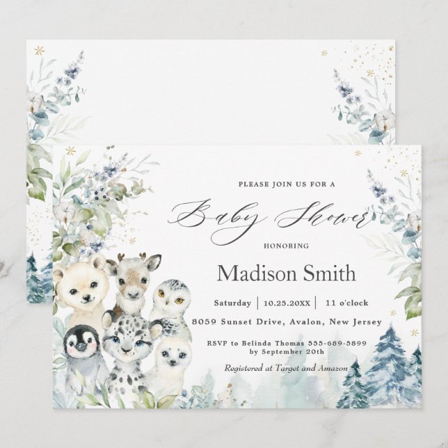 Chic Winter Arctic Alpinanimals Babydusche Einladung (Vorne/Hinten)