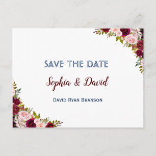 Chic Winter Burgundy Marsala Floral SAVE THE DATE Ankündigungspostkarte