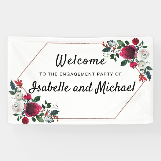 Chic Winter Engagement Party Willkommen Rote Flora Banner (Horizontal)