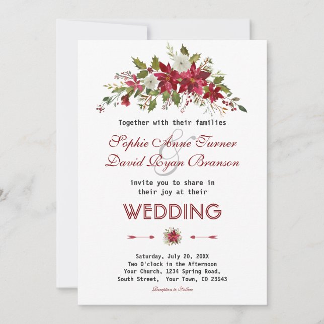 Chic Winter Holiday Poinsettia Wedding Einladung (Vorderseite)
