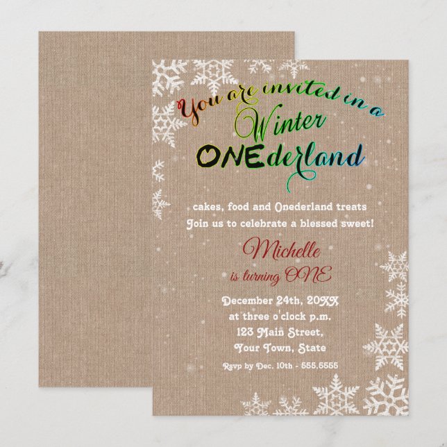 Chic Winter Onederland Girl First Birthday Party Einladung (Vorne/Hinten)