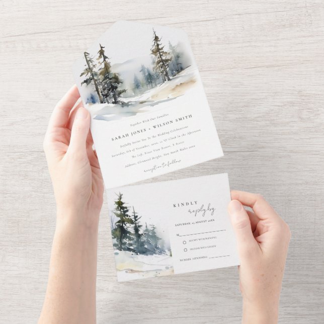 Chic Winter Pine Trees Schnee Landschaft Hochzeit All In One Einladung (Abreißen)