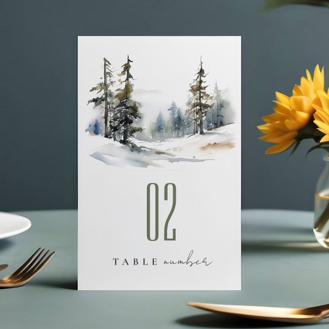 Chic Winter Pine Trees Schnee Landschaft Hochzeit Tischnummer (Von Creator hochgeladen)