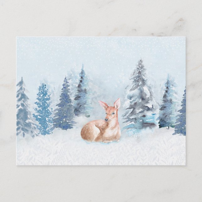 Chic Winter Watercolor Hirsch im Wald Postkarte (Vorderseite)